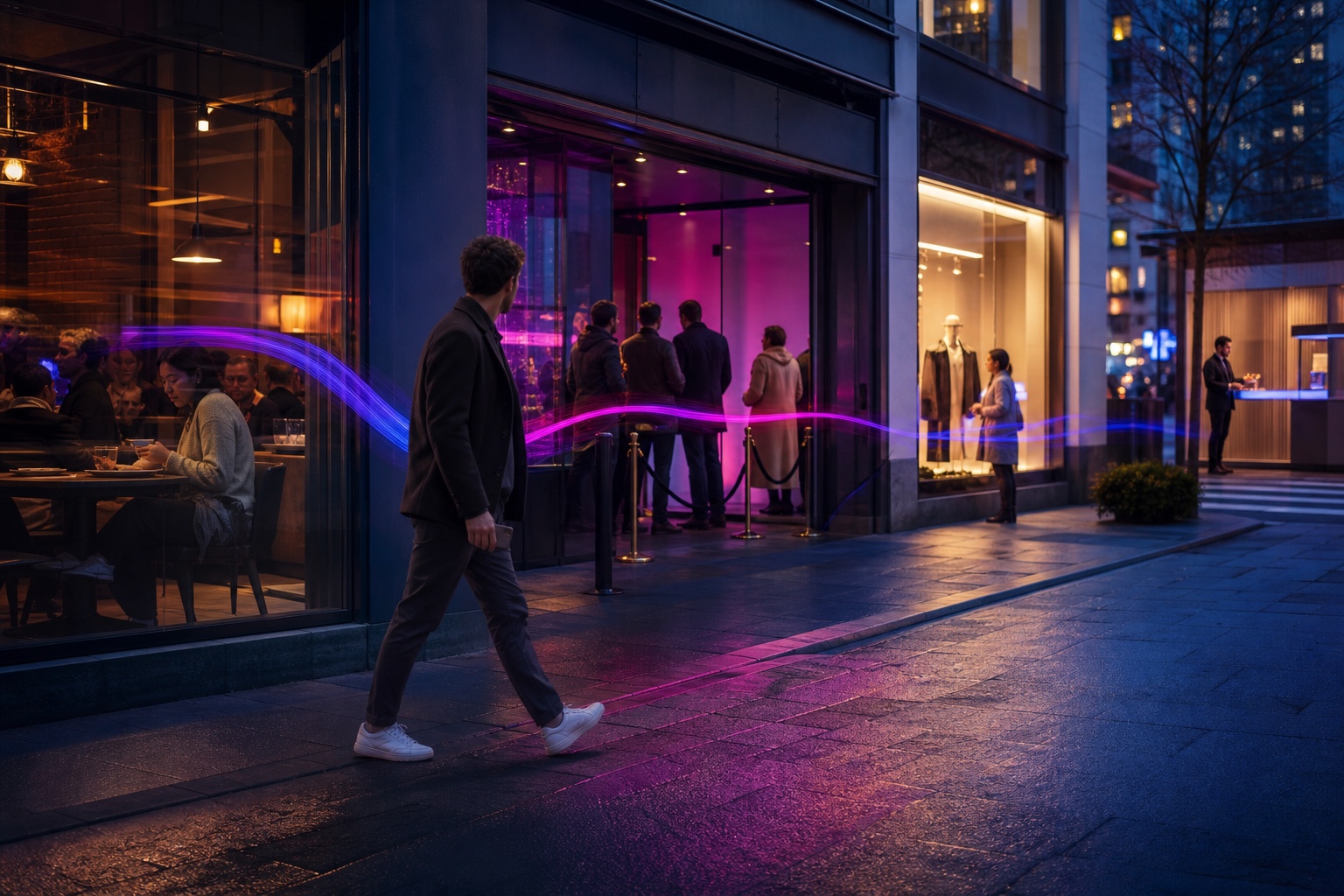 A customer moving through relevant hospitality, event, retail, and service moments at night