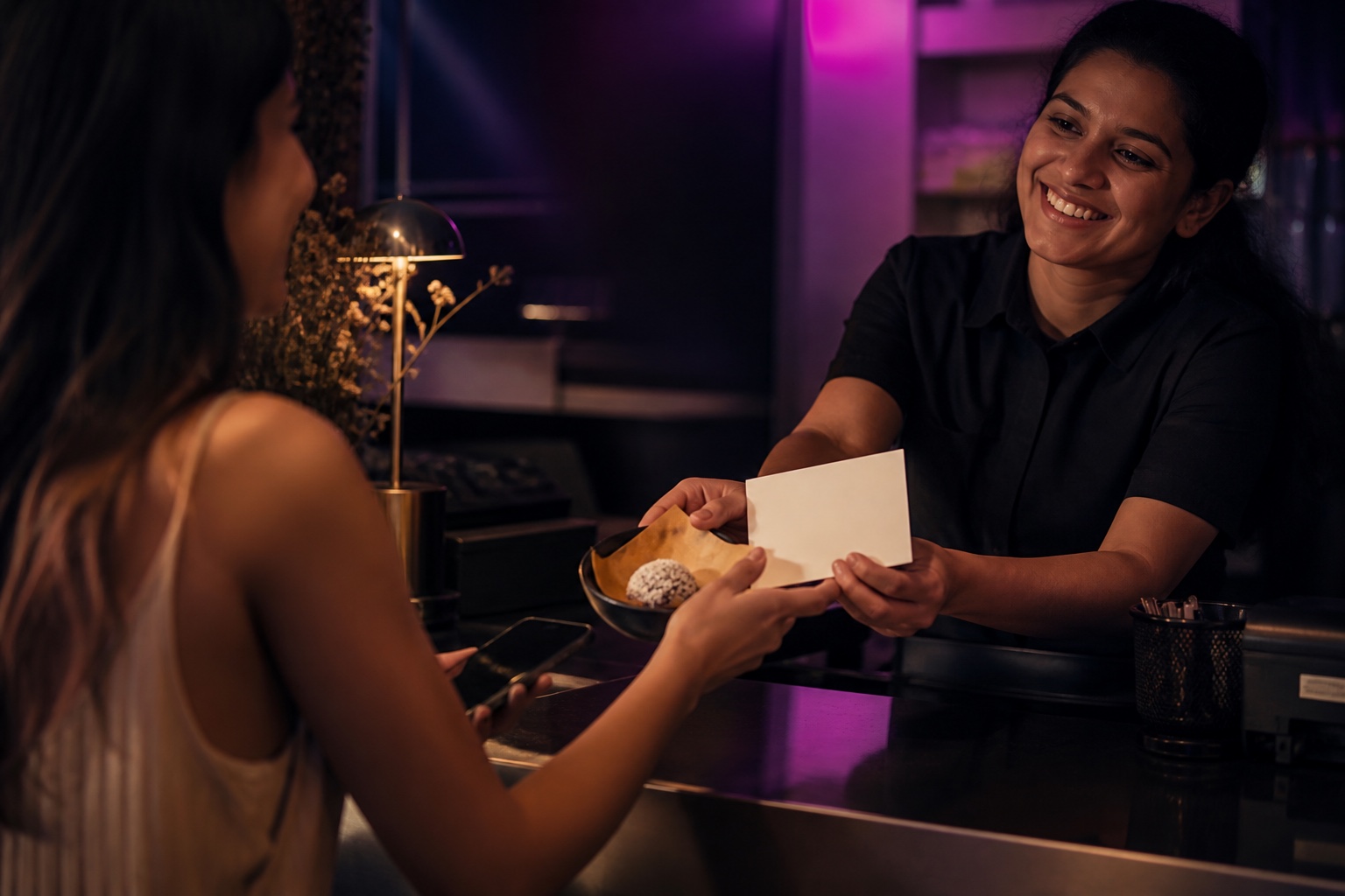 A returning guest receiving a thoughtful earned reward from a team member