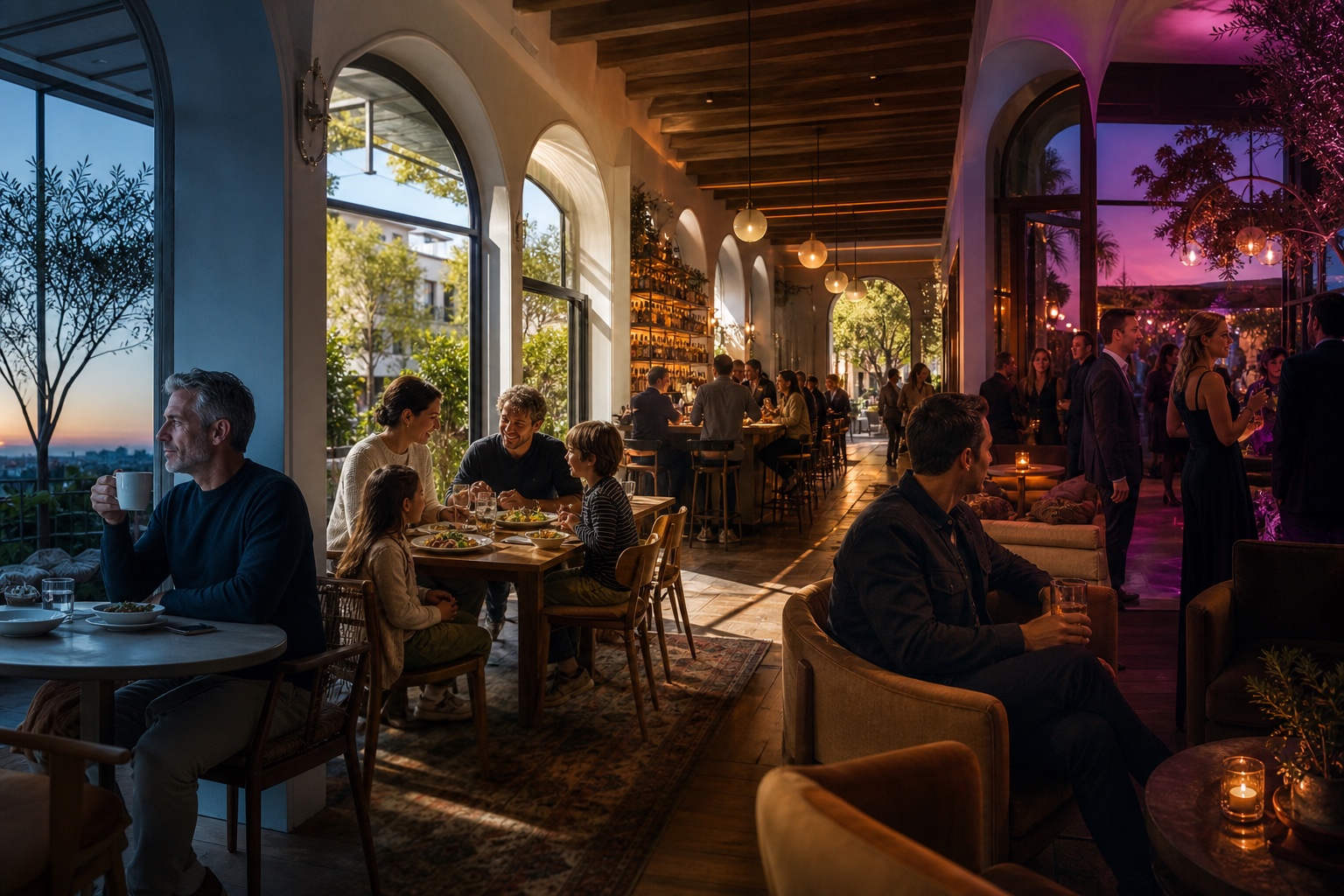 Different customer relationships unfolding across a venue from morning through evening