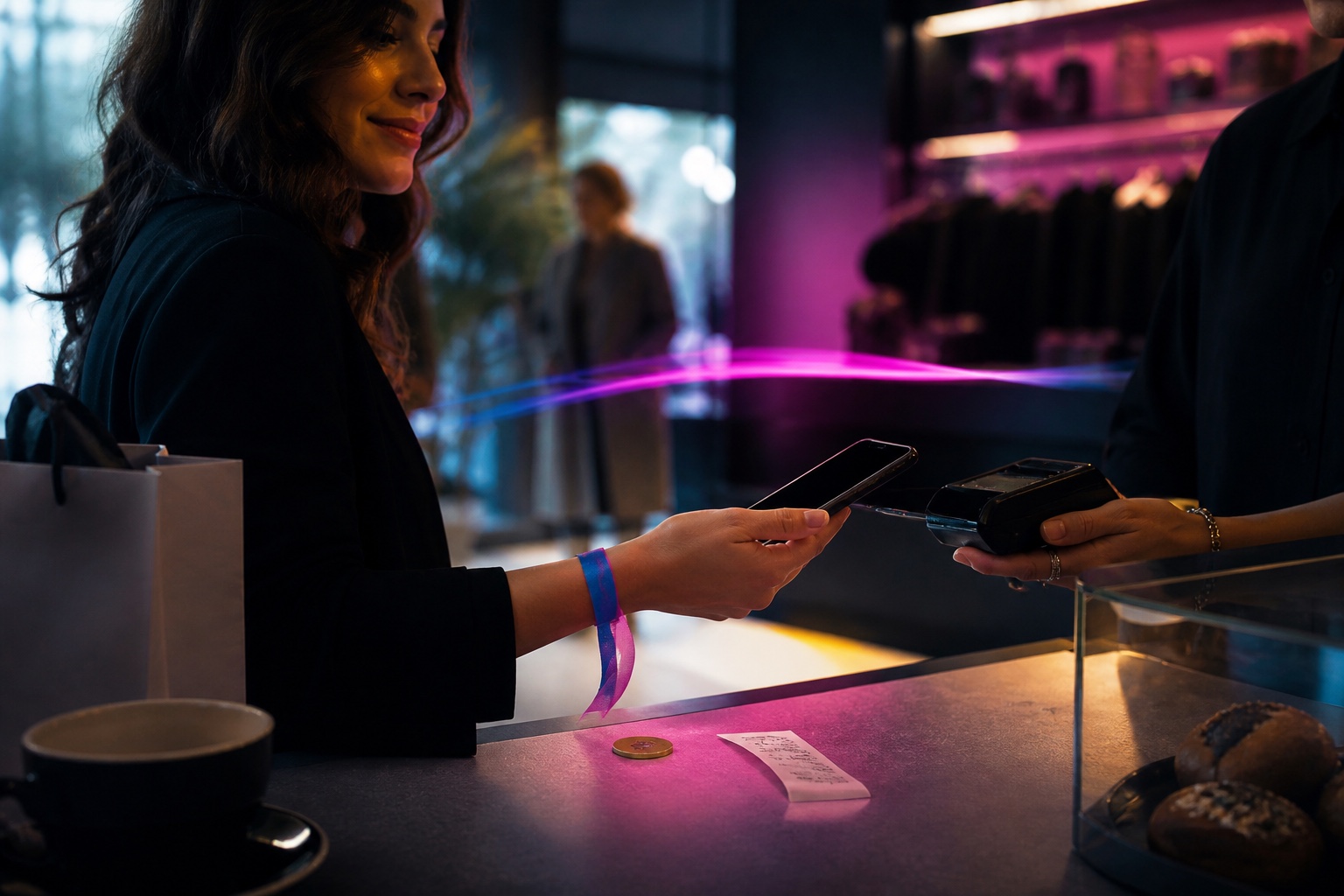 A customer using a phone wallet pass during a cafe purchase
