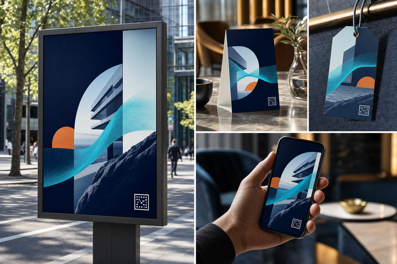 One campaign signal carried across a street poster, table card, product tag, and mobile placement