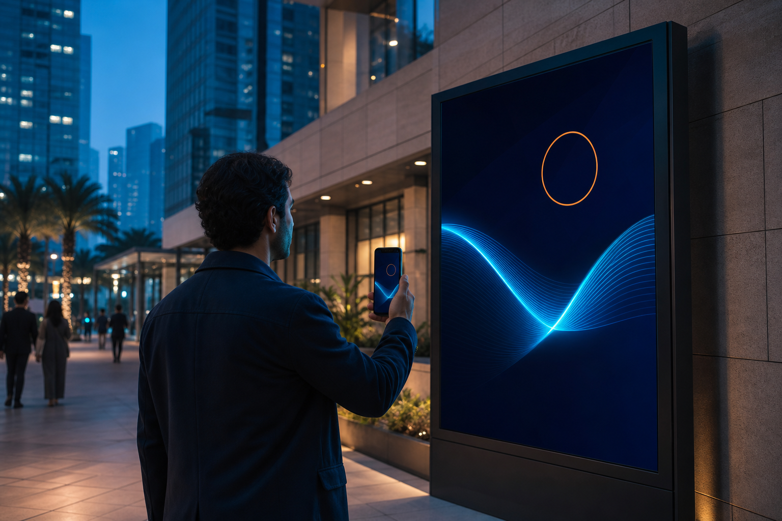 A person scanning a cyan campaign signal from a city poster at blue hour