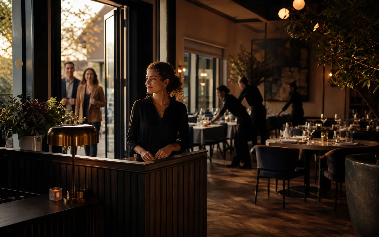 Restaurant host preparing the room as guests arrive for evening service