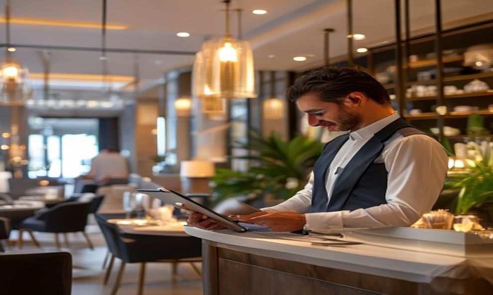 Generated host welcoming guests with a tablet